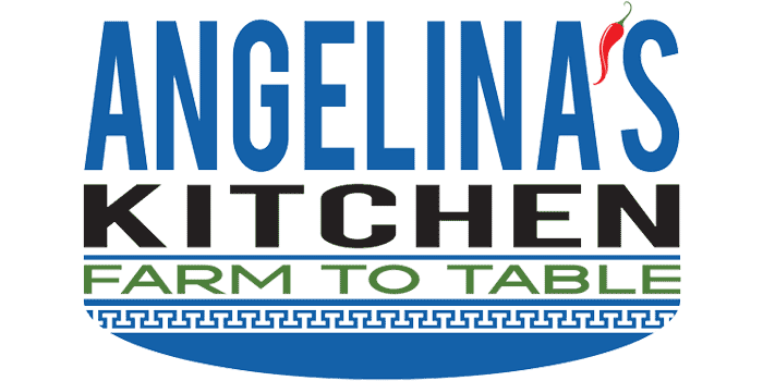 Angelina's Kitchen Logo - Blue Uppercase Type With Greek Decorative Pattern Below