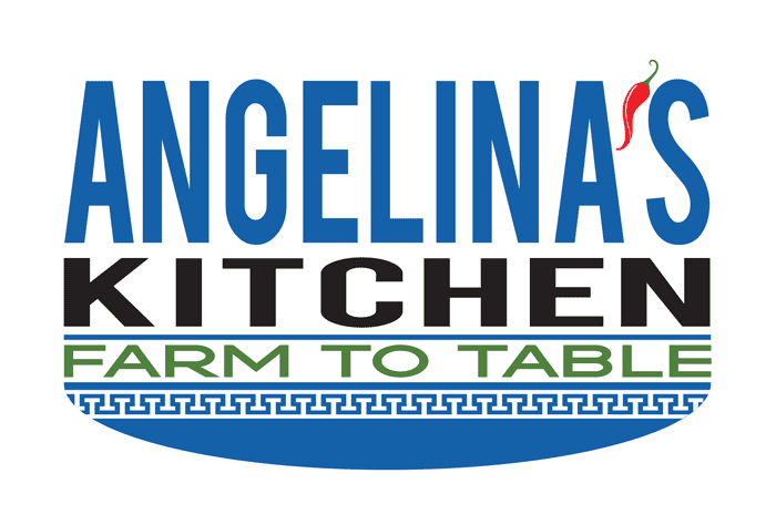 Angelina's Kitchen Logo - Blue uppercase type with Greek decorative pattern below