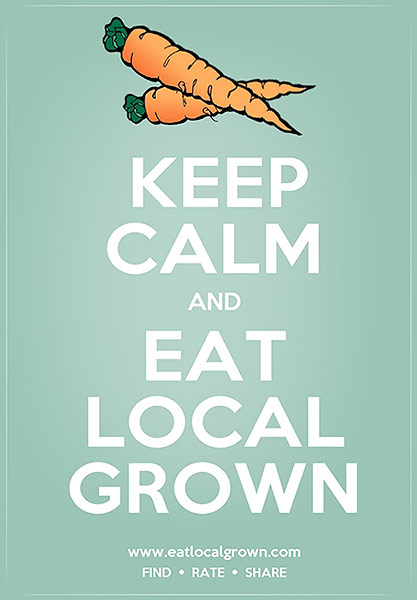 Keep Calm Eat Local with carrots above white type