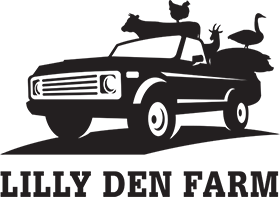 Lilly Den Farm Black Logo - Pickup truck with animals in back and uppercase serif type below