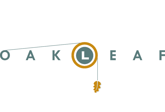 Oak Leaf Logo - Green and caramel uppercase type with circle around "L"