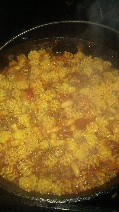 Pasta Fazool Ingredients - Onions, Ground Beef, Parmesan Cheese, Cannellini Beans, Tomatoes, Pasta