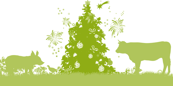 Green Illustration Of A Pig, Cow, And Bird Gathered Around A Christmas Tree