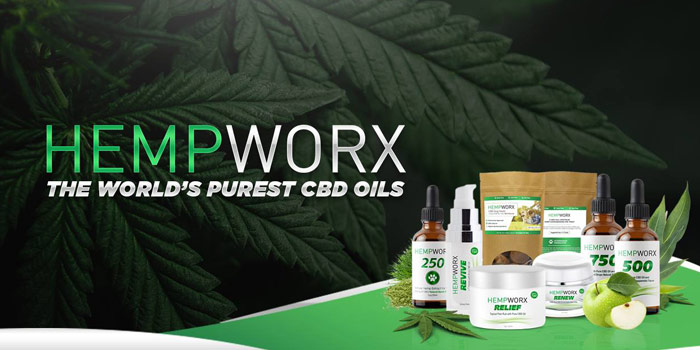 HempWorx CBD Oil - Green And Silver Sans-serif Type Over Marijuana Leave And Products Below Type