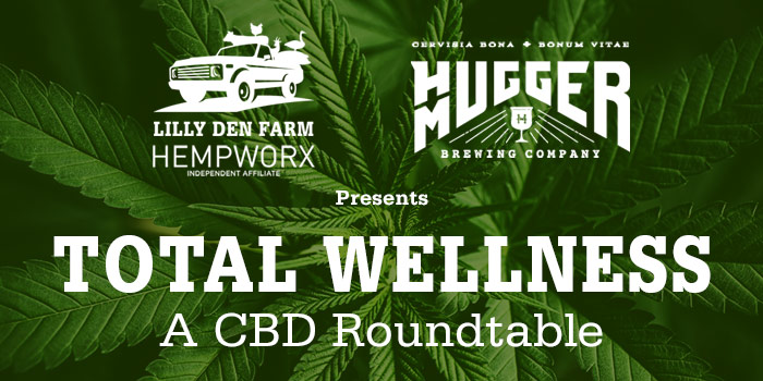 Photo Of Marijuana Plant With White Lilly Den Farm And Hugger Mugger Logos And Serif Type In White Overlaying