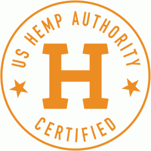 US Hemp Authority Logo - Orange circle with large serif letter H and sans-serif type around it