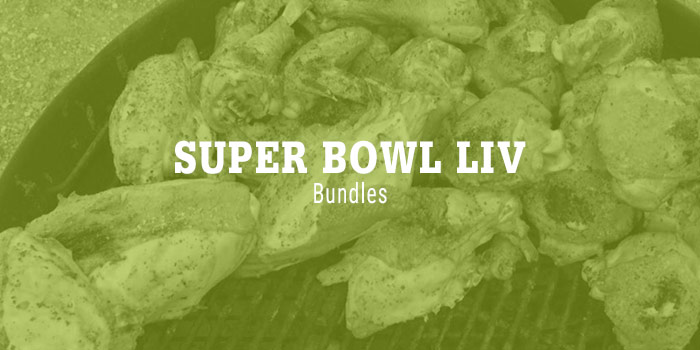 White Serif Uppercase Type Over Sans-serif Subhead With Image Of Chicken Wings On Grill Under Type With Green Overlay