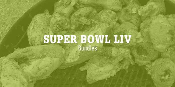 White serif uppercase type over sans-serif subhead with image of chicken wings on grill under type with green overlay