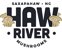 Haw River Mushrooms Logo - Black sans-serif type with mushroom illustrations