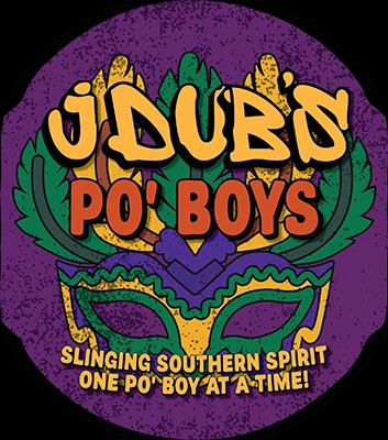 J Dubs Po Boys Logo - Purple textured circle with orange and red type and costume mask inside