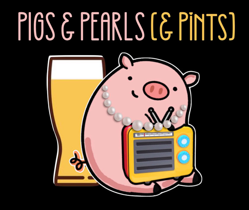 Graphic showing pink and yellow sans-serif type with a pint and pig illustration on black background