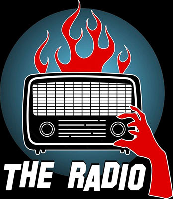 The Radio Logo - Retro illustration of a hand adjusting the volume on an old radio with red flames behind and white sans-serif type below